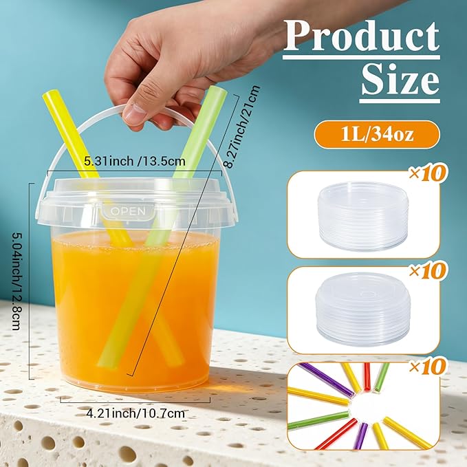 ASEVAT 10 Pack 34oz Clear Plastic Drink Buckets with Dual-Lid System, Reusable 1L Cups with Lids and Straws, Leakproof Bucket Cups for Boba Bubble Tea, Smoothies, Iced Coffee