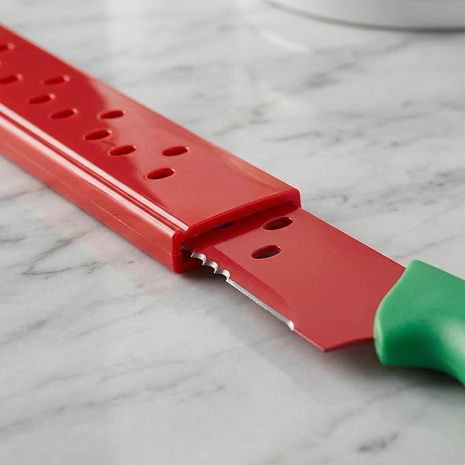 Watermelon Knife with Sleeve for Melon Cutting, Long Serrated Bread Lettuce Vegetable Knife, Kitchen Fruit Melon Tomato Cutter Slicer, with Cover for Home Summer Party Camping Outdoor (Red Green)