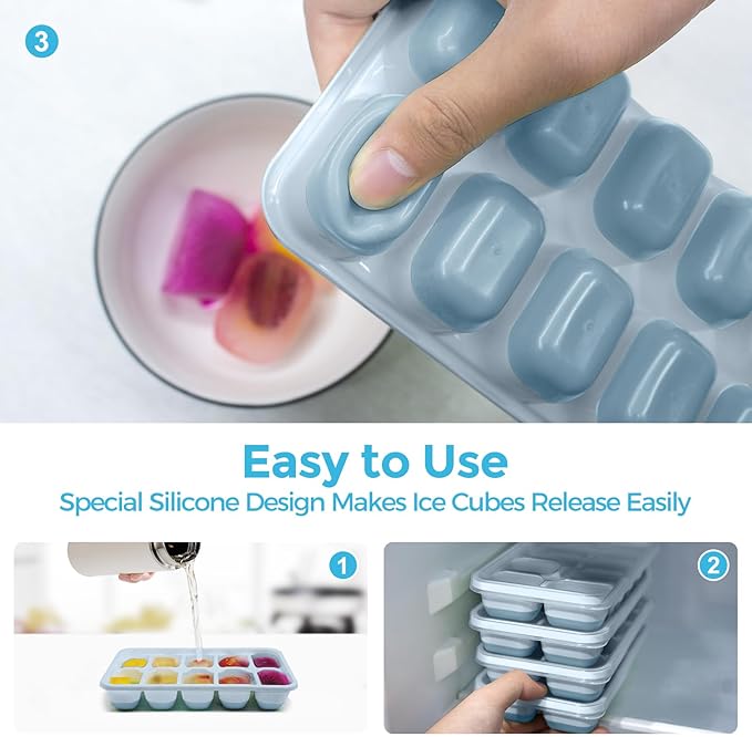DOQAUS Ice Cube Tray with Lids - 4 Pack Stackable Silicone Ice Trays for Freezer, BPA & LFGB Safe, Easy Release for Kitchen, RV, Cocktail, Coffee, Soup & Food