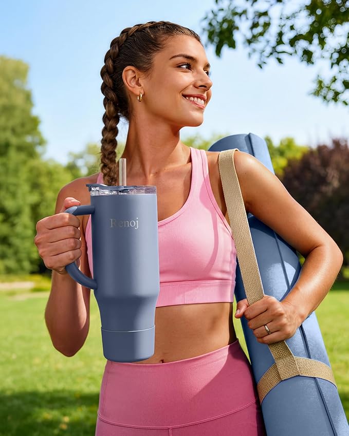 Renoj Insulated Mug 100% Leak Proof Insulated Water Bottle for Iced Coffee & Hot Drinks - Fits Car Cup Holder, Ideal Gift, 2 Straws & Silicone Boot - SnapShift Navy Blue 32 oz