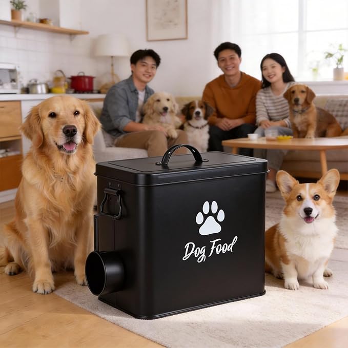 Dog Food Container 6.6lb, Cute Airtight Pet Treat Storage Containers with Metal Lid Scoop, Metal Storage Bin for Dog/Cat Durable Airtight Great Gift for Pet Owners-Black