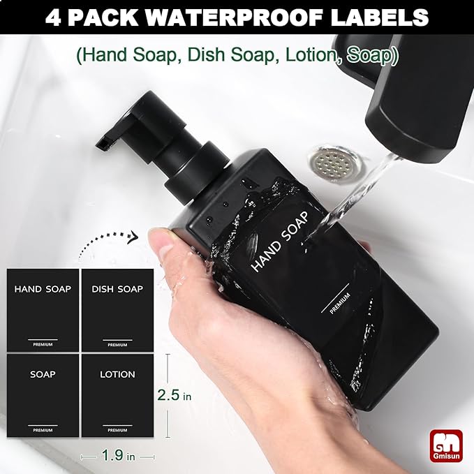 GMISUN Kitchen Soap Dispenser Set, Hand and Dish Soap Dispensers, 12 fl oz/350 ml Black Soap Dispenser with Tray, Glass Dish Dispenser for Kitchen, Liquid Hand Soap and Lotion Bottle Set for Bathroom