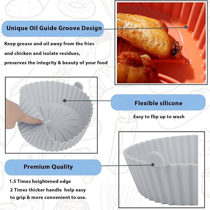 Air Fryer Silicone Liners - Reusable Non-stick Air Fryers Silicone Pot Liner Compatible with COSORI AirFryer Basket Accessories (X-Large - 7.3 Inch, Fit 4.2 to 6 Qt, Gray)
