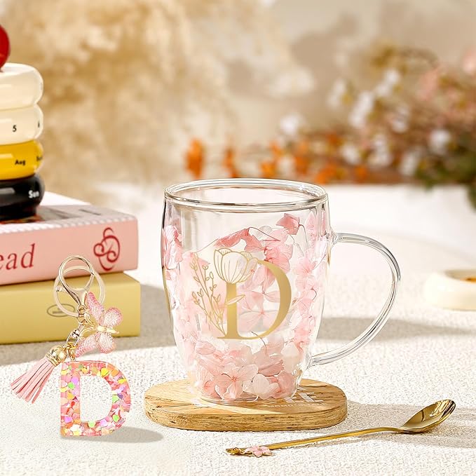Friendship Gifts for Women Flower Glass Coffee Mug Cute Initial Tea cup Monogrammed Customized Bridesmaid Bride Wedding Gifts Valentine Mother's Day Christmas Gift for Her Mom Wife Sister Coworker (D)