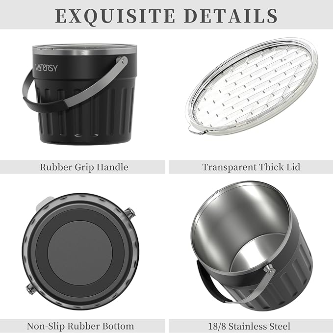 WATERSY Insulated Ice Bucket（8 Quart / 7.6 L） with Lid, Scoop, Ice Tong，Wall Vacuum Stainless Steel, Black
