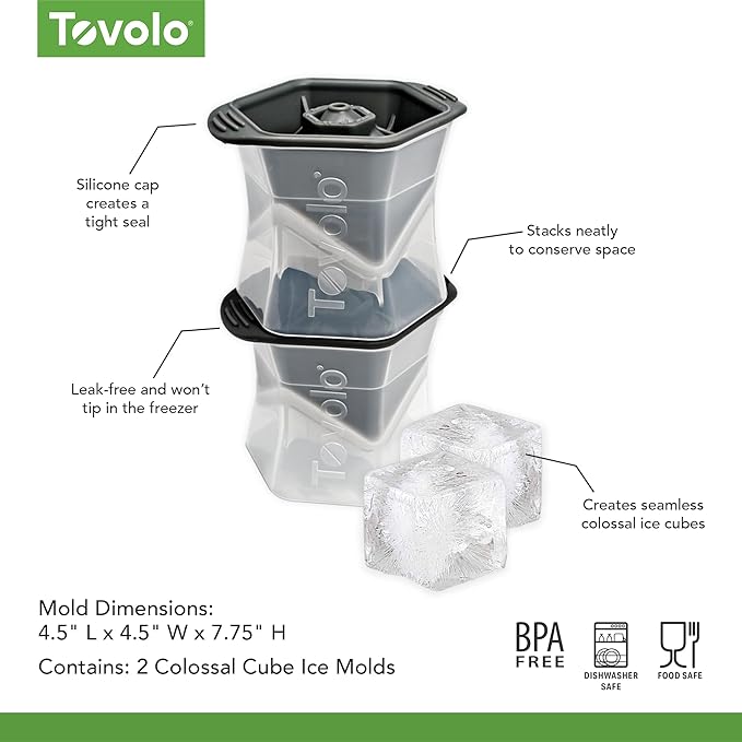 Tovolo Large Square Ice Cube Mold Colossal 2 Inch Cubes Pack of 2, Huge Ice Cube Mold Block for Whiskey Cocktails Bourbon, Silicone BPA Free Dishwasher Safe Giant XL Ice Cube Molds