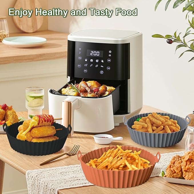 Komzon 3 Pack Air Fryer Silicone Liners, 8Inch Airfryer Liners, Air Fryer Basket Liners, Reusable Food Grade Air Fryer Basket Pots Oven Liner Baking Tray, Air Fryer Silicone Mat Accessories Kitchen