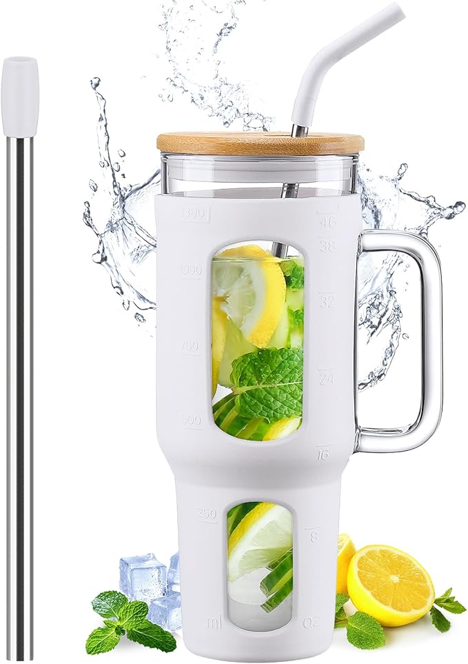 WINSA Glass Tumbler with Lid and Straw, 46 oz Iced Coffee Cup with Handle, Large Water Bottles with Silicone Sleeve, Glass Cup with Straws - Pearl Straw & Drinking Straw BPA Free-White