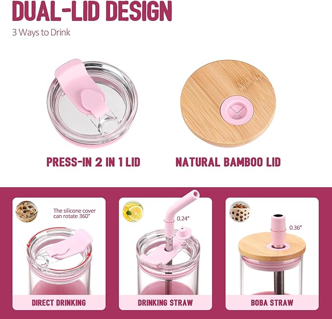Kodrine 24oz Glass Tumbler with Lids and Straws|Bamboo & On the go Lid|Reusable Ice Coffee Cup with Silicone Sleeve, Glass Coffee Tumbler for Smoothie/Matcha, Dishwasher & BPA Free-Pink