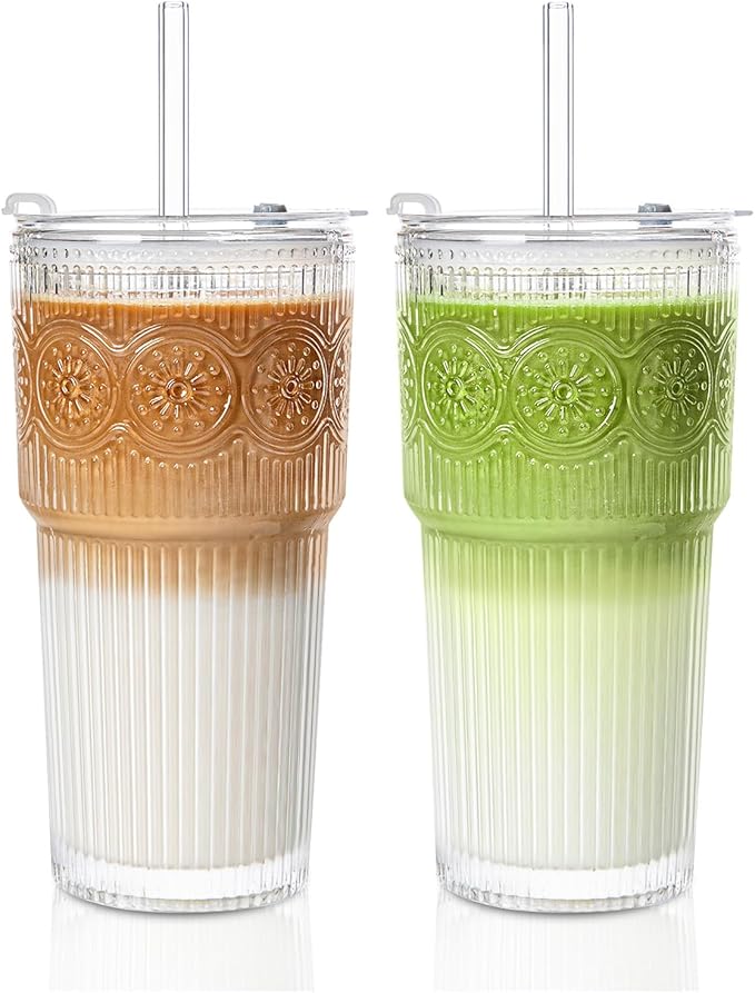 INSETLAN 20oz Ribbed & Floral Glass Tumblers with Lids and Glass Straws, Set of 2 – Iced Coffee Cups, Reusable Drinking Glasses for Water, Smoothies, Tea, and Juice – Perfect for Travel & Daily Use
