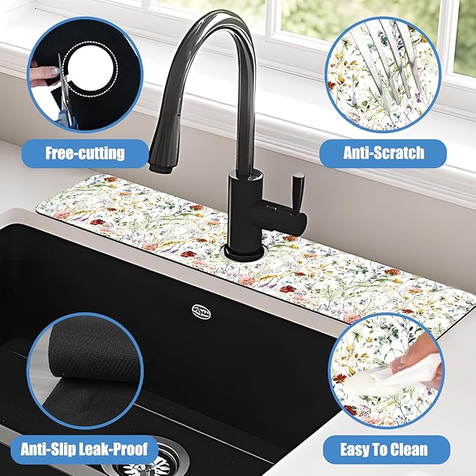 Sink Faucet Absorbing Mat Wildflower Sink Splash Guard Drying Mat for Kitchen Bathroom Faucet Sinkmat 23.5"X5.5"