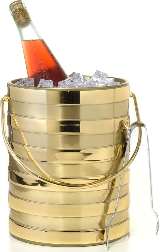 Made In USA Metallic Deco Collection Double Walled Insulated Ice Bucket With Ice Tongs (5-Quart, Gold Stripes)