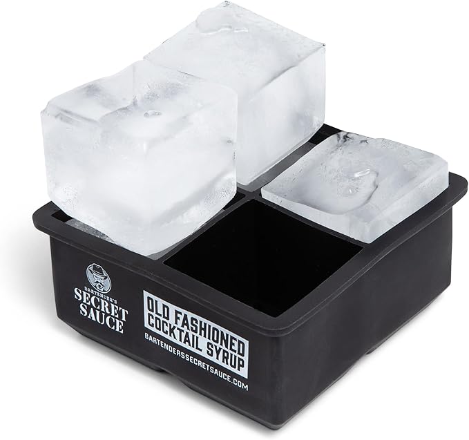 Bartender’s Secret Sauce Large 2”x2” Ice Cube Mold – Makes Four Perfect Cubes – Premium Silicone Ice Mold for Old Fashioneds, Whiskey & Craft Cocktails – Stackable & Easy Release