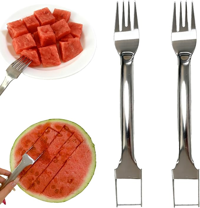 2Pcs Watermelon Fork Slicer Cutter, 2-in-1 Stainless Steel Fruit Watermelon Slicer, Portable Melon Cutter Knife Tool with Grip Handle for Home Party Camping Kitchen Gadget