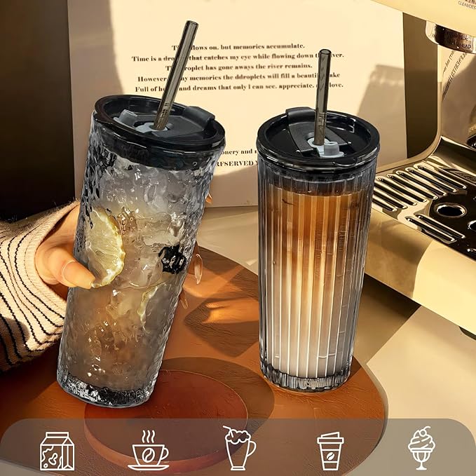 Puraville 2 Pack 18oz Glass Cups with Lids and Straws, Vintage Ribbed Striped Glacier Pattern Thickened Glassware for Whiskey Cocktail Beer, Mason Jar Drinking Glasses Tumbler Iced Coffee Cup, Black