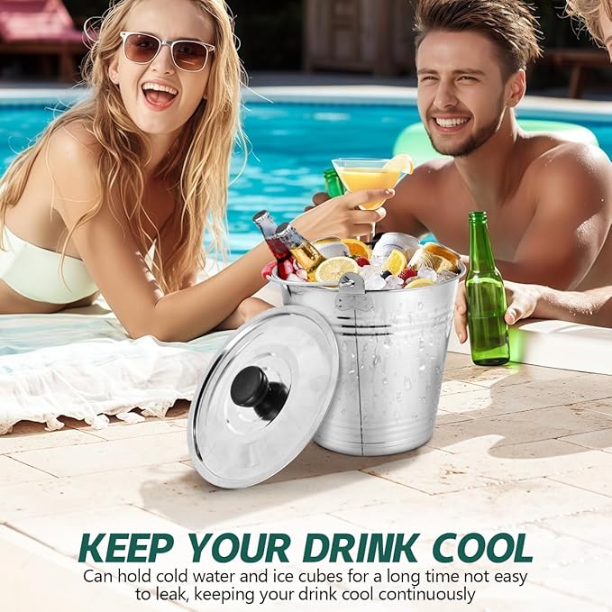OBTANIM 3 Pack 6L Stainless Steel Metal Ice Buckets Champagne Drink Cooler Storage Ice Pails with Handle and Lid for Party Favors Organizing Home Parties Bar Cooling Supplies