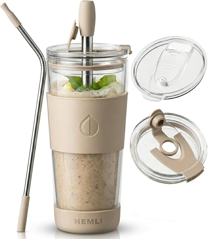 19 oz. Clear Double Wall Glass Coffee Tumbler, To Go Glass Travel Mug with Lid and Straw, Reusable Cup Tea, Smoothies, Ice Coffee, and Boba (White Biege)