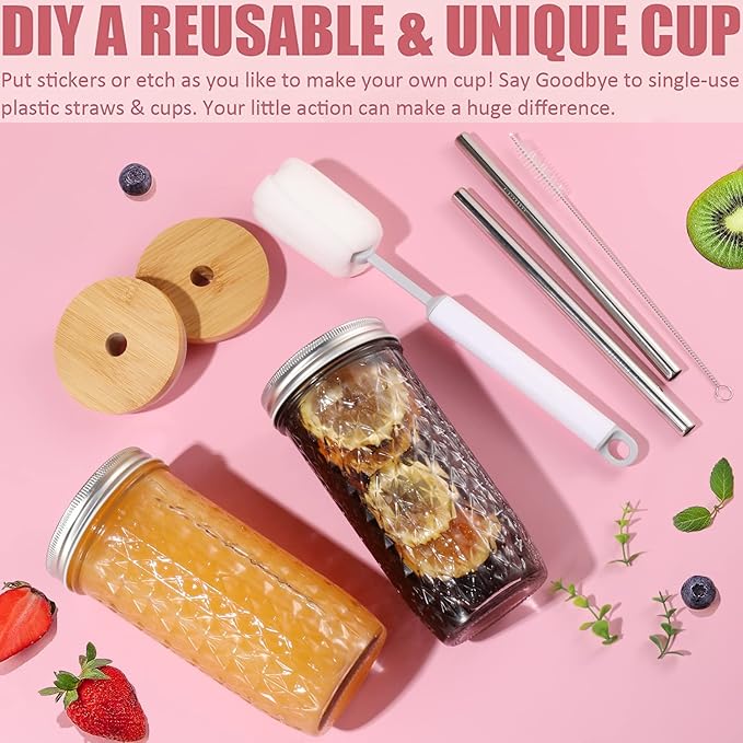 2 Pcs Glass Cups Set - 24oz Mason Jar Drinking Glasses with Bamboo Lids & Straws & 2 Airtight Lids, Cute Reusable Smoothie cup, Iced Coffee Glasses, Travel Tumbler for Bubble Tea, Juice
