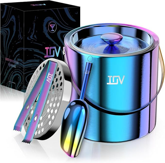 IOV Ice Bucket with Lid, Scoop, Tongs, and Strainer, 3 L Stainless Steel Double Wall Insulated Ice Bucket for Parties, Keeps Ice Frozen Longer, Ideal for Cocktail Bars, Freezers, and Wine - Rainbow