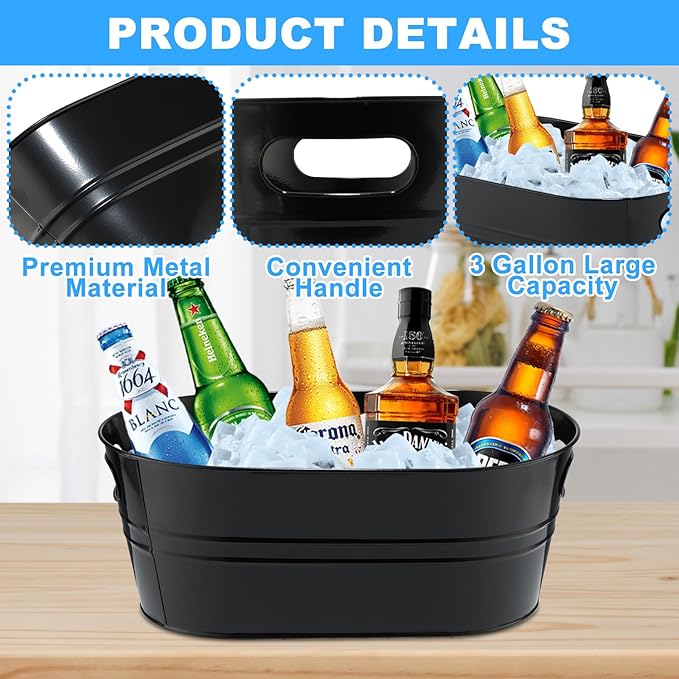 4Pcs 3 Gallon Black Galvanized Bucket Ice Bucket Large Metal Drink Buckets for Parties Beer Beverage Tub with Scoops for Champagne Cocktails Wine Cooling for Mimosa Bar Supplies