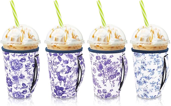 4Pack Reusable Iced Coffee Sleeve Insulator Sleeves for Cold Drinks Beverages, Neoprene Cup Holder for Most Coffee, Fits 22-24oz Medium Cups (Floral Like China)