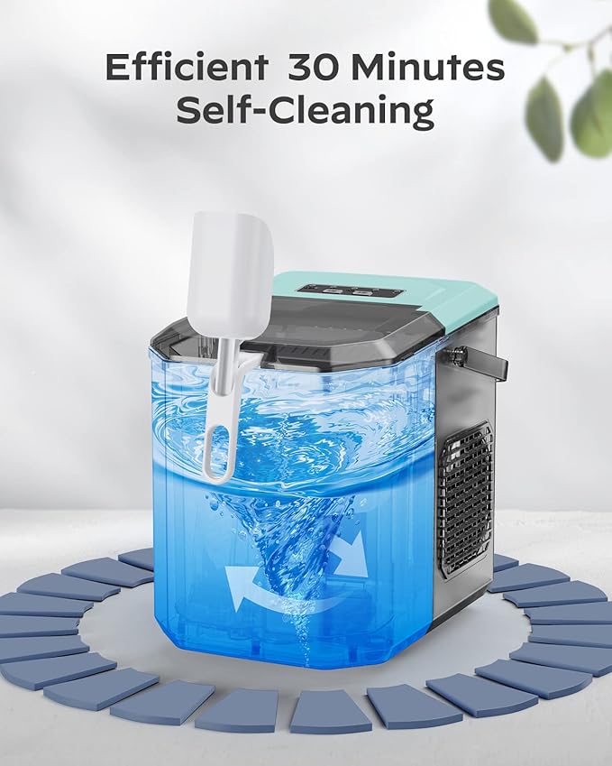 Ice Maker Countertop, Portable Ice Machine with Carry Handle, Self-Cleaning Ice Makers with Basket and Scoop, 9 Cubes in 6 Mins, 26 lbs per Day, Ideal for Home, Kitchen, Camping, RV, Green