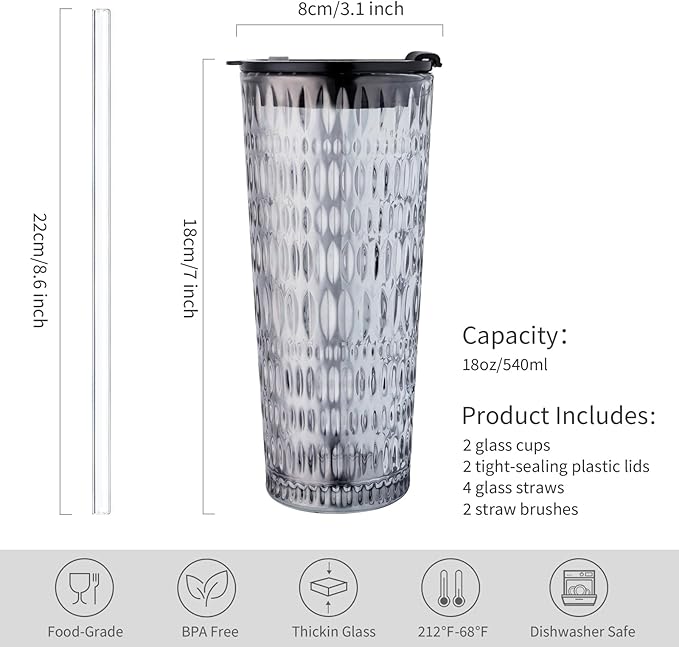 Puraville 2 Pack 18oz Glass Cups with Lids and Straws, Vintage Diamond Pattern Thickened Glassware for Whiskey Cocktail Beer, Mason Jar Drinking Glasses Tumbler Iced Coffee Cup, Black