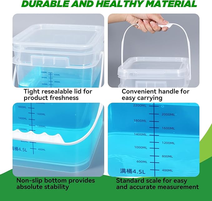 ASEVAT 5 Pack Sourdough Proofing Box with Lids,4 Quart Square Food Storage Containers - Commercial Grade Meat Prep Tub for Marinating,Heavy Duty Plastic Deli Containers, Graduated Scale, Freezer Safe