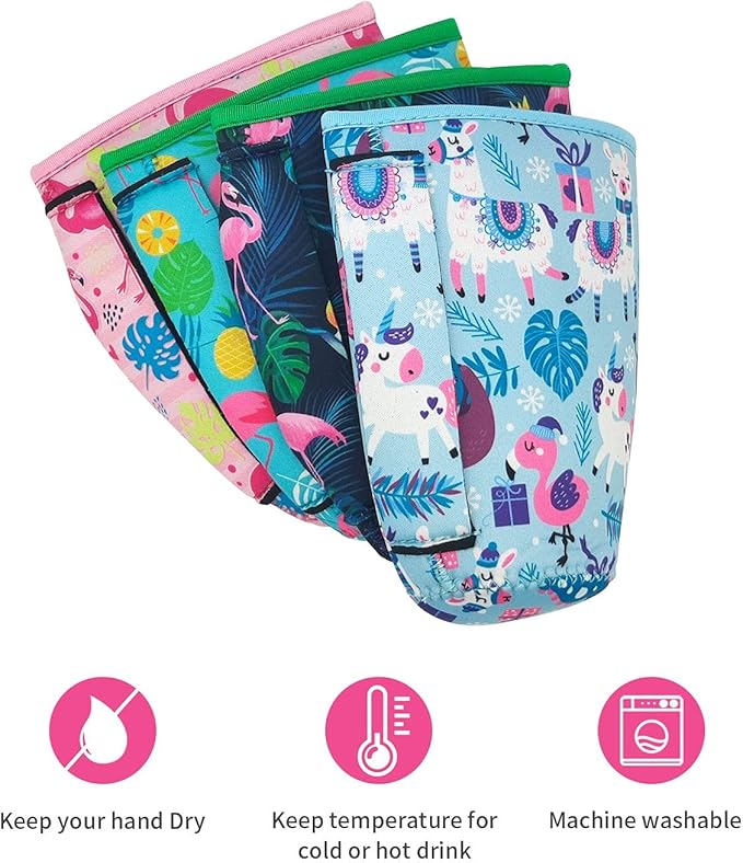 4Pack Reusable Iced Coffee Sleeve Insulator Sleeves for Cold Drinks Beverages, Neoprene Cup Sleeve With Handle for Most Coffee, Fits 30-32oz Large Cups (Flamingo with handle)