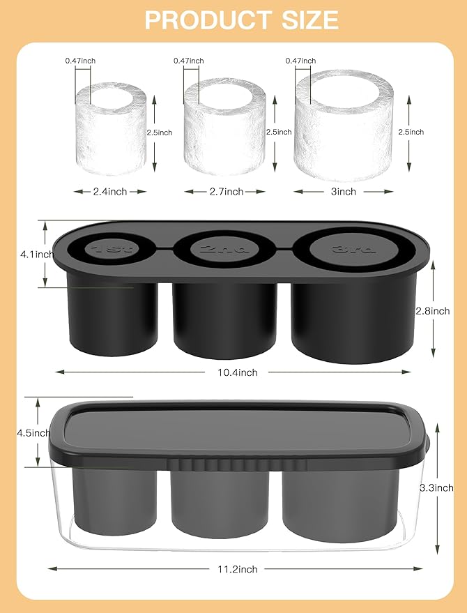 Ice Cube Tray for Tumbler Cup 30Oz-40Oz, 3 Pcs Silicone Cylinder Ice Mold with Lid and Bin for Freezer, Easy Fill and Release Ice Maker for Whiskey, Cocktail BPA-Free (Black, 40Oz-Type1)