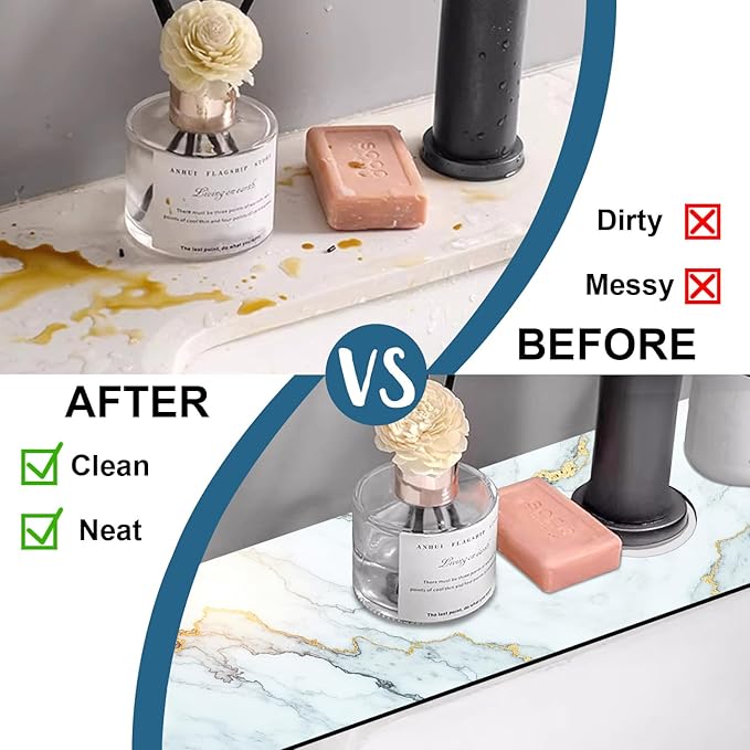 Marble Pattern Sink Splash Guard Gray Gold Marble Faucet Absorbing Mat Fast Drying Mat Sink Gadgets Splash Guard Behind Faucet Drip Catcher for Kitchen Bathroom, 23.5"x5.5"