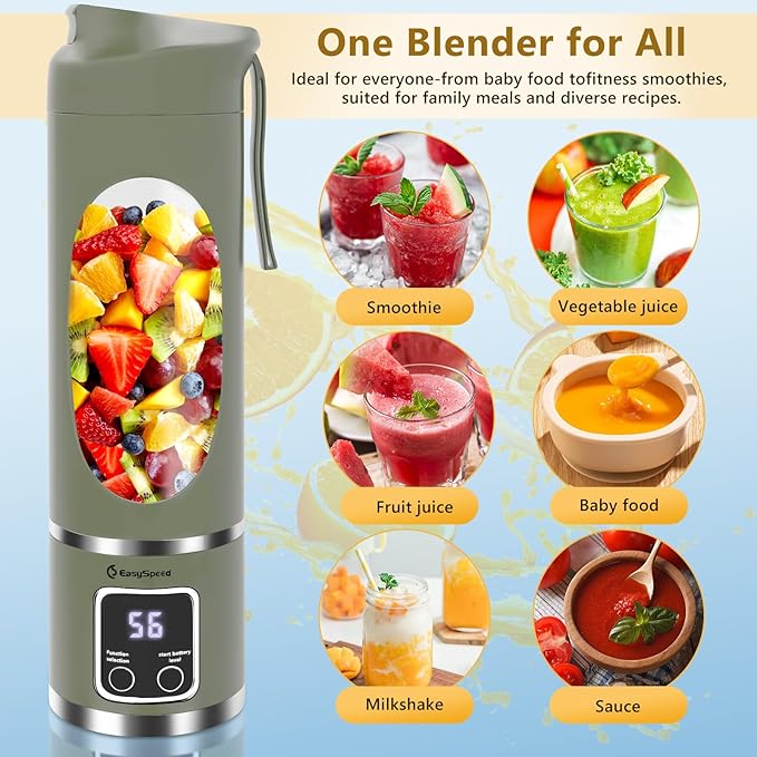 EASYSPEED Portable Blender Electric USB-C, 500ML Personal Juicer for Shakes and Smoothies, 12 Blades, 1500mAh Rechargeable, BPA Free, 18oz Small Blender with Leakproof Lid & Sip Spout, Mixing, Compact