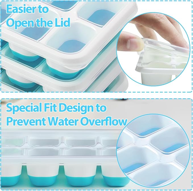 DOQAUS Ice Cube Tray with Lids - 4 Pack Stackable Silicone Ice Trays for Freezer, BPA & LFGB Safe, Easy Release for Kitchen, RV, Cocktail, Coffee, Soup & Food