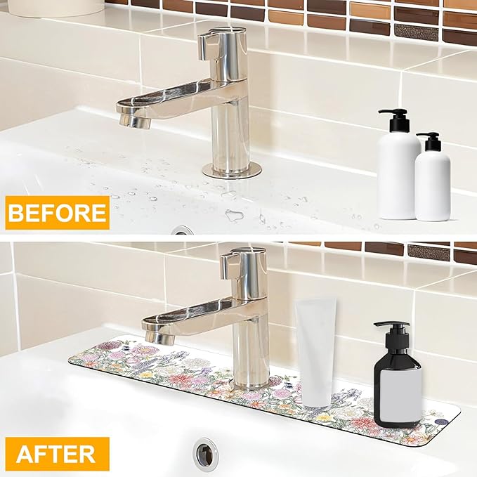 2 Pack Butterfly Floral Sink Splash Guard Faucet Mat Rose Lily Tulip Peony Super Absorbent Fast Drying Mat Sink Gadgets-Splash Guard Behind Faucet Drip Catcher for Kitchen Bathroom, 23.5"x5.5"