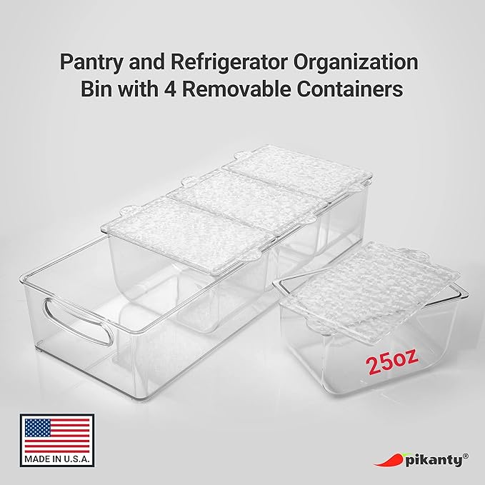 Pikanty Condiment Server Tray with 4 Removable Containers and Lids - Taco Bar, Pizza Bar, Burger Bar, Salad Toppings Organizer with Carry Handles, Dishwasher Safe, Made in USA