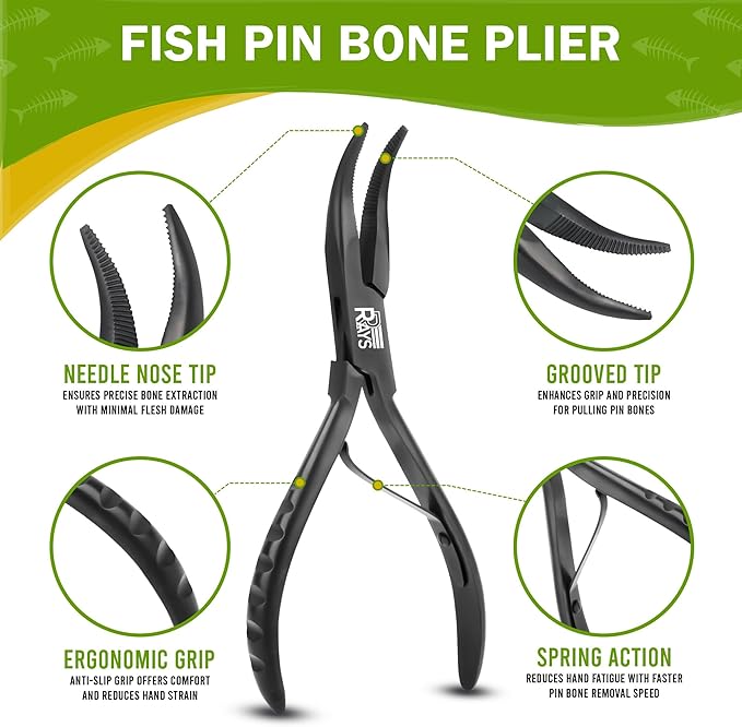 Fish Bone Pliers/Tweezers – Ergonomic Non-Slip Grip, Food-Grade Stainless Steel Deboner | Pin Bone Remover for Salmon, Trout & All Fish