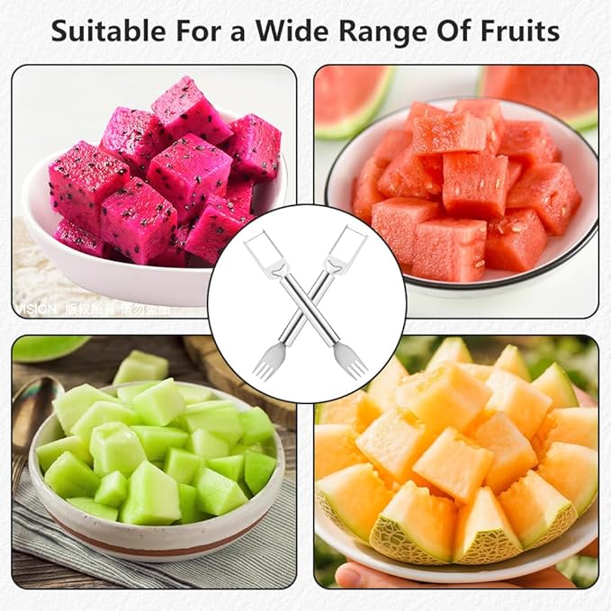 2-in-1 Stainless Steel Fruit Cutter, Watermelon Fork Slicer Tool, Watermelon Slicer and Fork, Dual Head Knife with Round Handle for Kitchen Fruit Cubes (3Pcs)