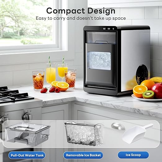 Kismile 44Lbs/Day Nugget Ice Maker, Countertop Sonic Ice Machine with Self-Cleaning, Fast Ice Making in 10-14 Mins, Removable Basket & Ice Scoop – Perfect for Home, Kitchen, RV, Office, Bar