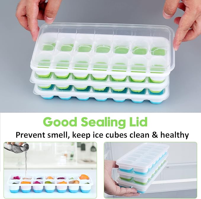 Silicone Ice Cube Tray, 4 Pack Easy-Release & Flexible 14-Ice Cube Trays with Spill-Resistant Removable Lid, Stackable Ice Trays with Covers for Freezer, Cocktail, Blue and Green
