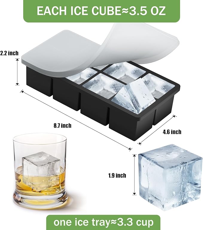 Large Ice Cube Molds, 2 Pack Easy Release Ice Trays for Freezer with Lid, Stackable Square Big Silicone Ice Cube Tray BPA Free Slow Melting for Bourbon Whiskey, Cocktails, Iced Coffee (Black)