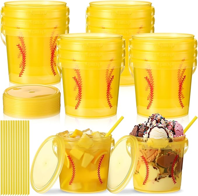 12 Set 25 oz Softball Plastic Drink Buckets with Straws Handles Lids Reusable Cocktail Rum Buckets 750ML Smoothie Milk Tea Cups Food Containers Pails Sport Party Supplies