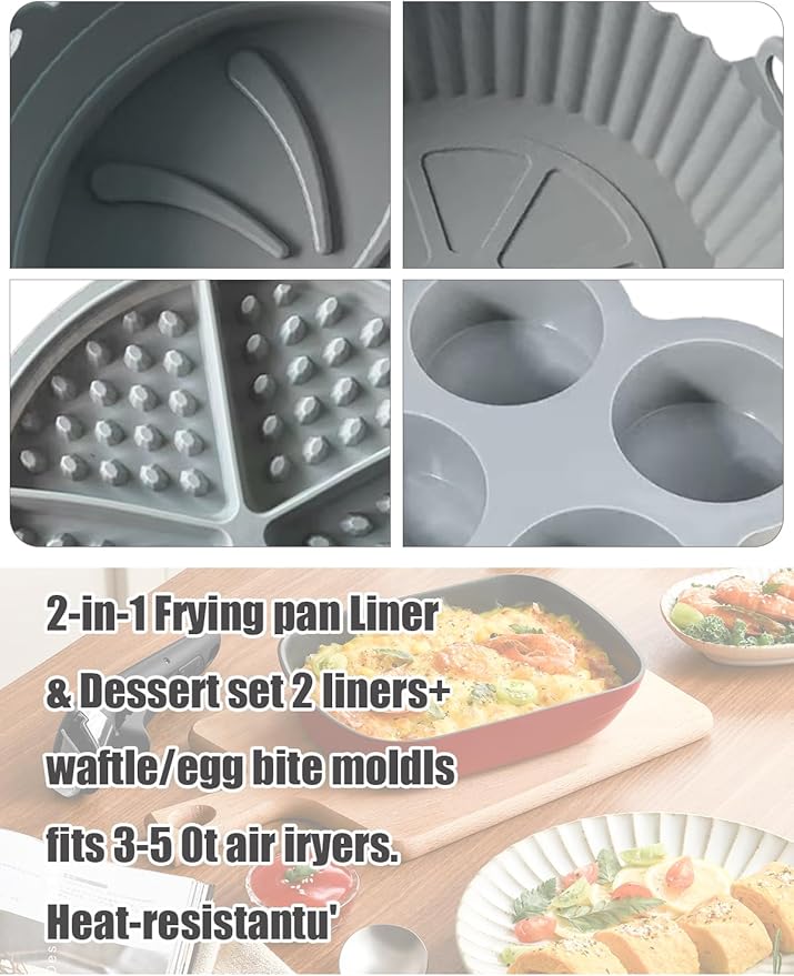 Silicone Liner for Air Fryer,Liners Reusable Round Silicone Basket 5-Piece Set, with Egg Bites Mold, WaffleBite Mold，Anti-Scald Hand Clip, Fits 3-5 Qt,Food Grade Liners Nonstick Coating