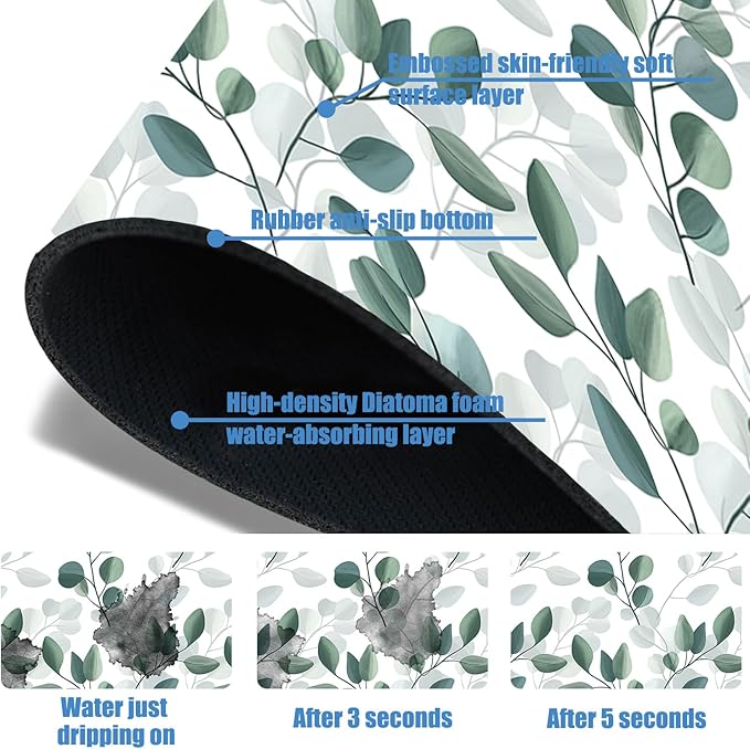 Sink Faucet Absorbing Mat Green Eucalyptus Leaf Sink Splash Guard Drying Mat for Kitchen Bathroom Faucet Sinkmat 23.5"X5.5"
