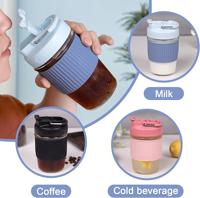 Sivaphe Reusable Glass Ice Hot Coffee Cup 16 oz, Portable Travel Mug with Spill-Proof Lid and Thermal Sleeve for Home Office Blue