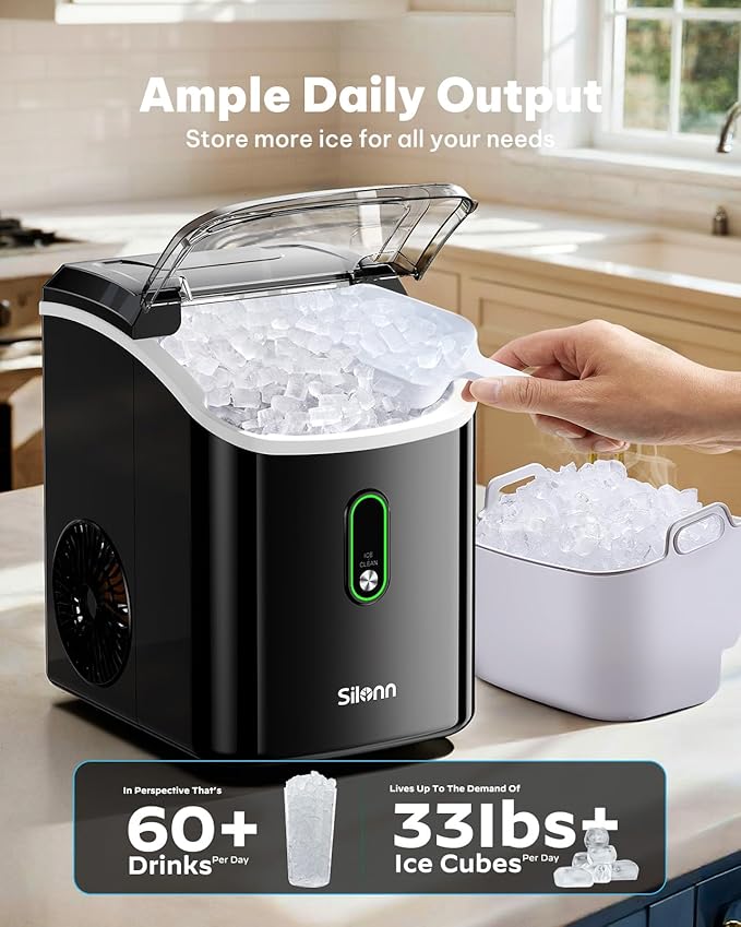Silonn Nugget Ice Maker Countertop, Pellet Ice Machine with Self-Cleaning Function, Sonic Ice Maker Produces 33lbs of Chewable Ice in 24 Hours, Ideal for Home Kitchen and Office (Black)