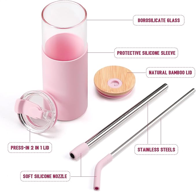 Kodrine 24oz Glass Tumbler with Lids and Straws|Bamboo & On the go Lid|Reusable Ice Coffee Cup with Silicone Sleeve, Glass Coffee Tumbler for Smoothie/Matcha, Dishwasher & BPA Free-Pink