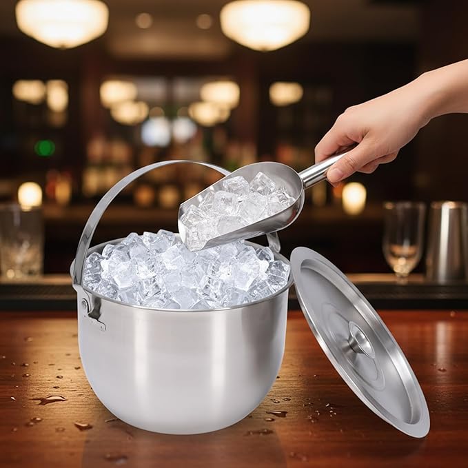 Ice Bucket with Lid, Scoop and Tongs, Champagne Buckets, Wine Chillers, Beverage Tub with Handles, Ideal for Parties, Bar, Pool, Beach and Home, Indoor＆Outdoor Use, Large Capacity, Silver