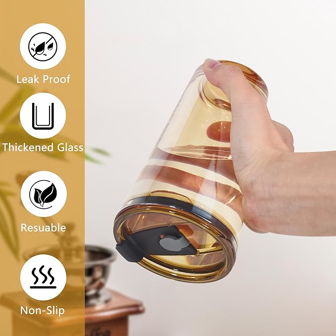 15oz 2 Pcs Glass Iced Coffee Cup with Lid Straw Thick Leak Proof Drinking Glasses Tumbler for Gift Cold Drink Smoothie Boba Tea(Amber*2)