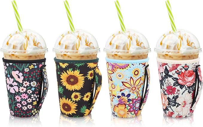 4Pack Reusable Iced Coffee Sleeve Insulator Sleeves for Cold Drinks Beverages, Neoprene Cup Holder for Most Coffee, Fits 22-24oz Medium Cups (Floral Meadow)