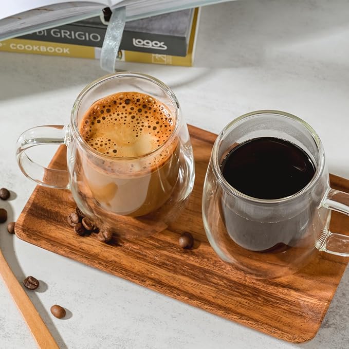 Wlasss Espresso Cups, 7.4oz/210ml Double Walled Glass Coffee Mugs Set of 4, Clear Hand Blown Insulated Glass Coffee Cups with Handle for Espresso, Cappuccino, Latte, Americano, Coffee Lovers Gift